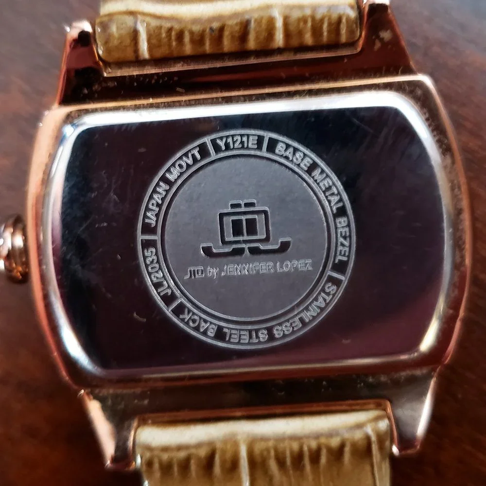 Jennifer Lopez Rose Gold Crystal Accent Rectangle Face Leather Band Womens Watch